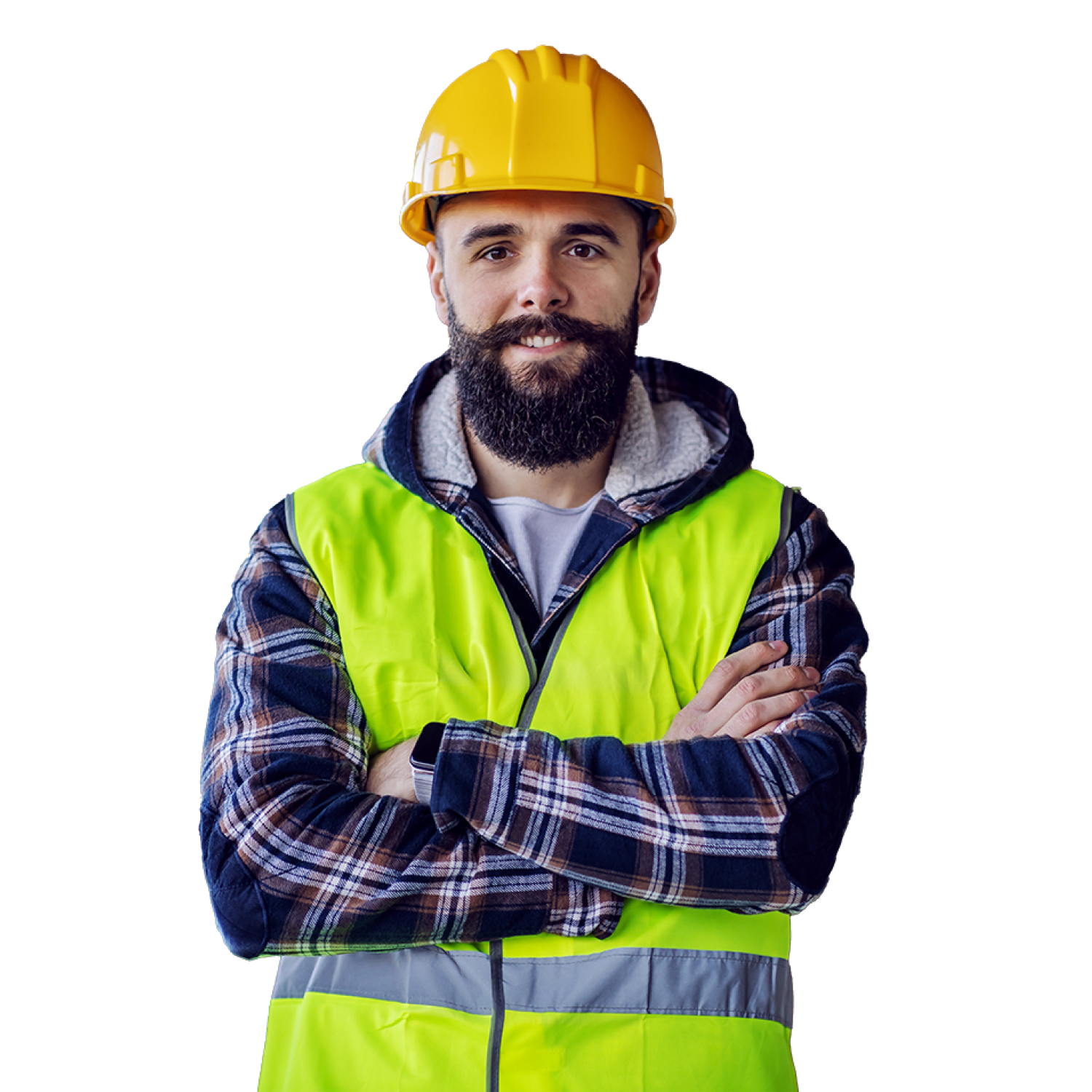 A bearded man wearing a yellow hard hat and a neon yellow safety vest stands with arms crossed. Hes dressed in a plaid shirt and looks confidently at the camera, isolated against a black background.