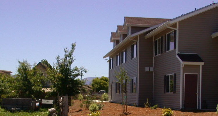 A brown two-story house with several windows is set against a clear blue sky. The lawn is partially landscaped with small plants and a tree. Theres a trailer on the left near a wooden fence, with more houses visible in the background.